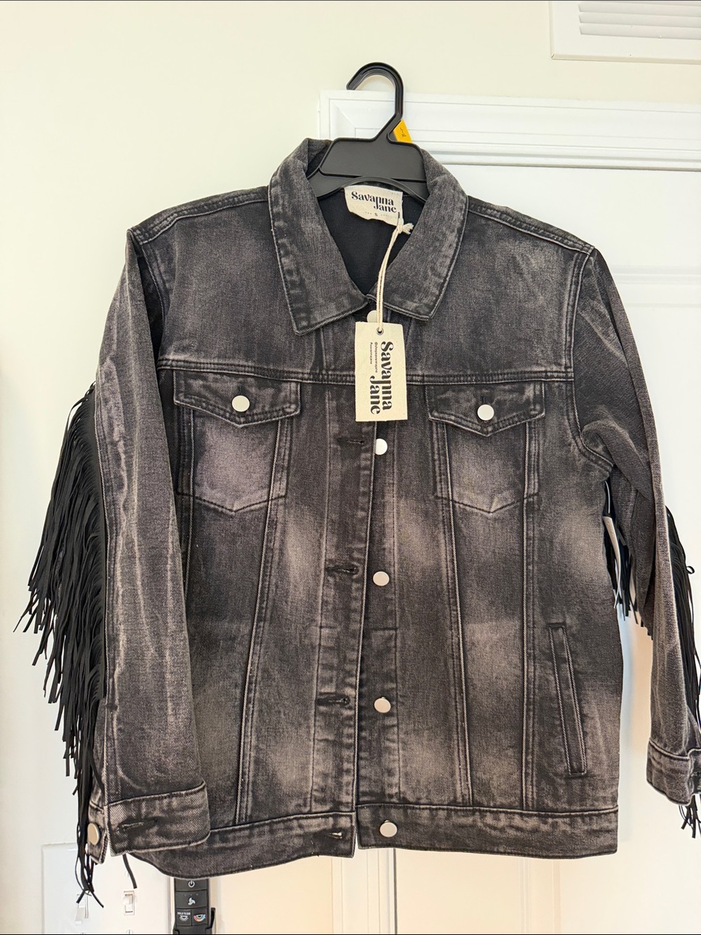 Savanna Jane Washed Black Denim Jacket with Fringe Sleeves